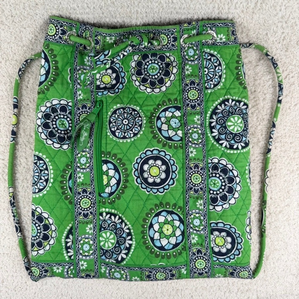 Vera Bradley Cupcake Green Quilted Cotton Drawstring Cinch Backpack Bag Retired